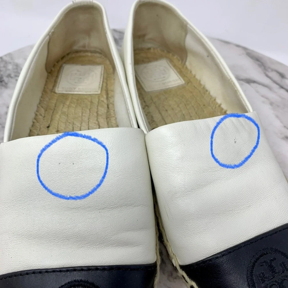 Tory Burch Color-Block Black/Cream Leather Espadrilles 6 Euro Summer Classic